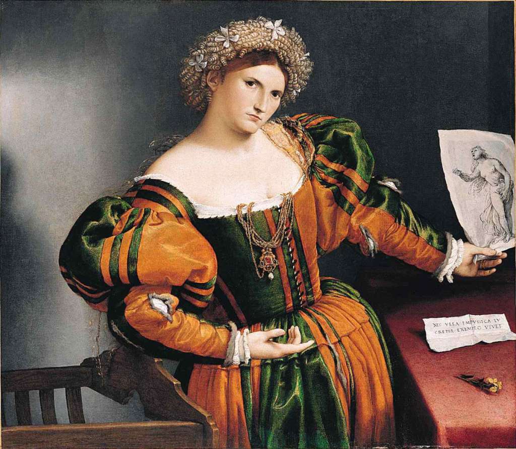 London National Gallery Next 20 07 Lorenzo Lotto - Portrait of a Lady with a Drawing of Lucretia Lorenzo Lotto - Portrait of a Lady with a Drawing of Lucretia 1530-33, 96 x 110 cm. Dressed in an elaborate and softly painted costume of gleaming green and orange, the lady directs attention to a drawing held in her left hand. This shows her Roman namesake, Lucretia, about to stab herself after she had been raped. The event is supposed to have precipitated the collapse of the Etruscan royal line (510 BC) and thus led to the founding of the Roman Republic. The portrait, while displaying the beauty of the sitter, also proclaims her virtue, as underlined by the Latin inscription on the paper on the table: 